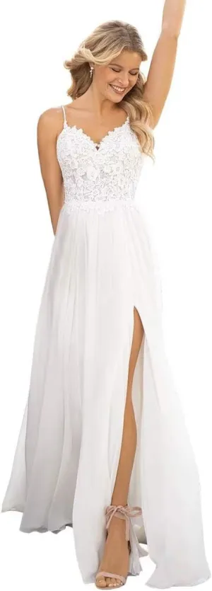 Lace Wedding Dresses for Bride Simple Spaghetti Straps Chiffon Bridal Ball Gowns with Slit