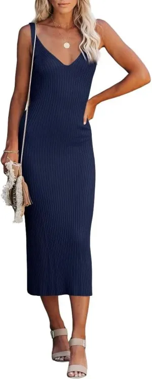Lacozy Women's 2025 Summer Bodycon Midi Dress Sexy V-Neck Sleeveless Sweater Dress Casual Tank Top Dresses