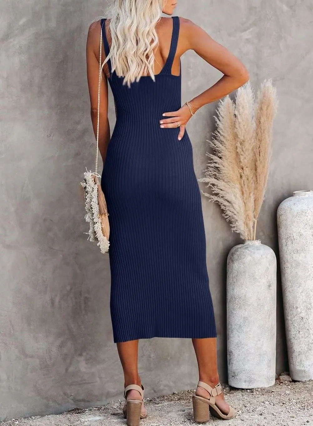Lacozy Women's 2025 Summer Bodycon Midi Dress Sexy V-Neck Sleeveless Sweater Dress Casual Tank Top Dresses