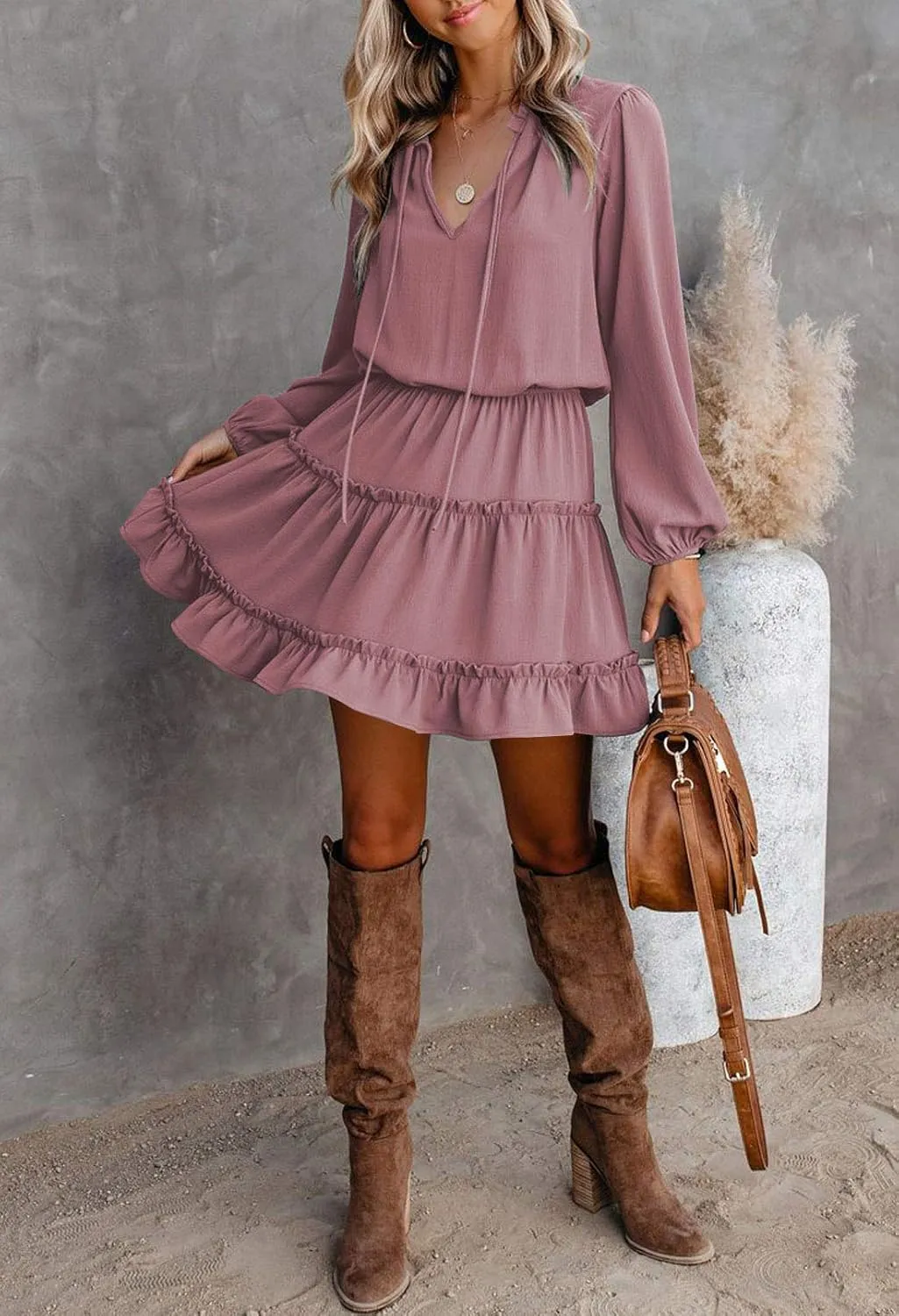 LaSuiveur Women's Lantern Casual Fall Dresses V Neck Tie Neck Long Sleeve High Waist Dot Ruffle Tiered Flowy Swing Mini Dress
