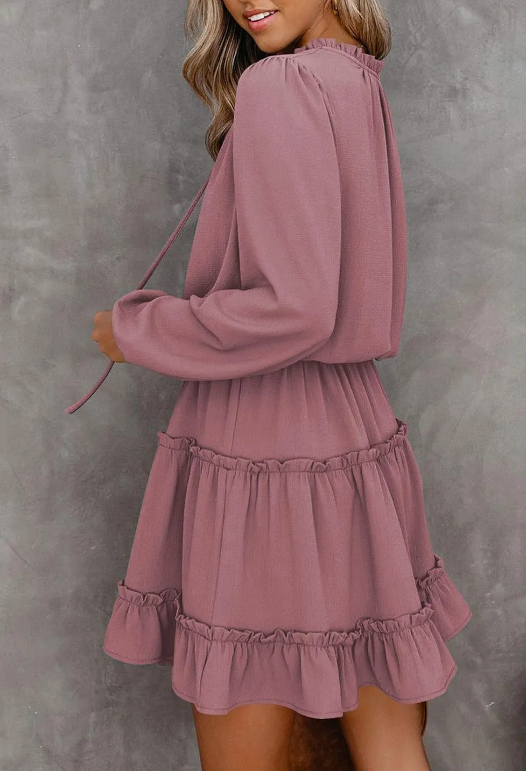 LaSuiveur Women's Lantern Casual Fall Dresses V Neck Tie Neck Long Sleeve High Waist Dot Ruffle Tiered Flowy Swing Mini Dress