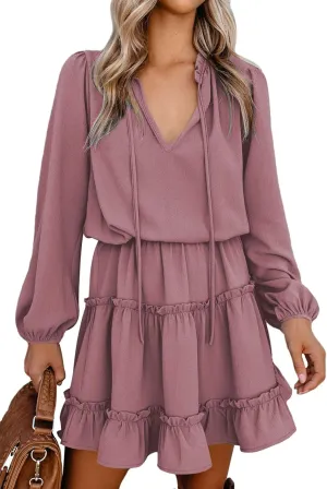 LaSuiveur Women's Lantern Casual Fall Dresses V Neck Tie Neck Long Sleeve High Waist Dot Ruffle Tiered Flowy Swing Mini Dress