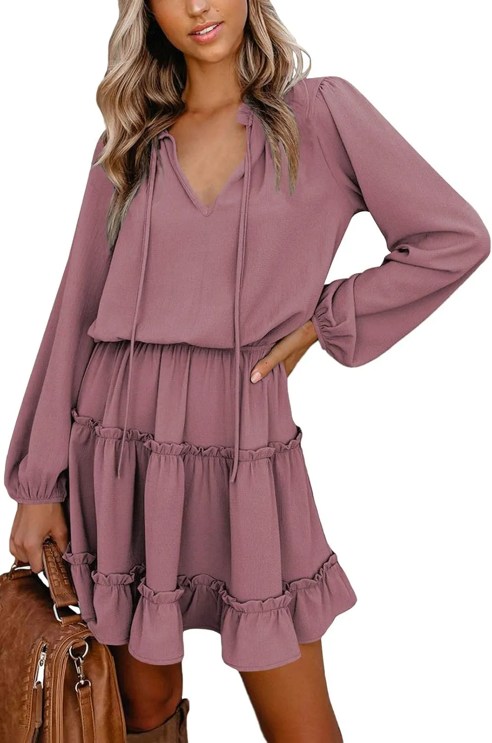 LaSuiveur Women's Lantern Casual Fall Dresses V Neck Tie Neck Long Sleeve High Waist Dot Ruffle Tiered Flowy Swing Mini Dress