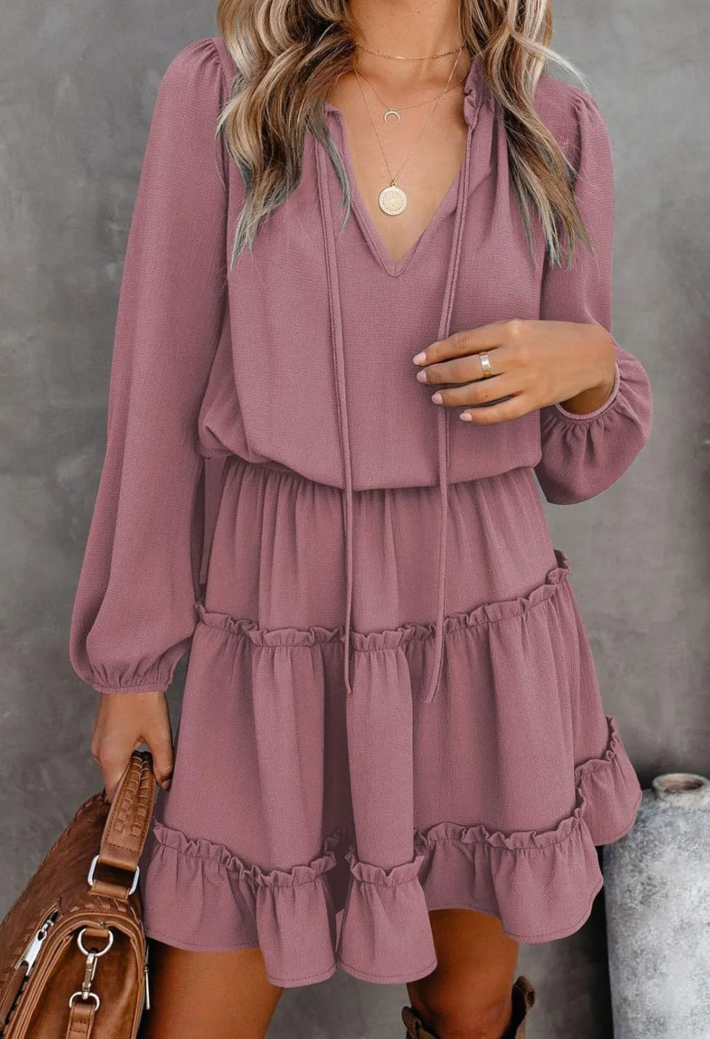 LaSuiveur Women's Lantern Casual Fall Dresses V Neck Tie Neck Long Sleeve High Waist Dot Ruffle Tiered Flowy Swing Mini Dress