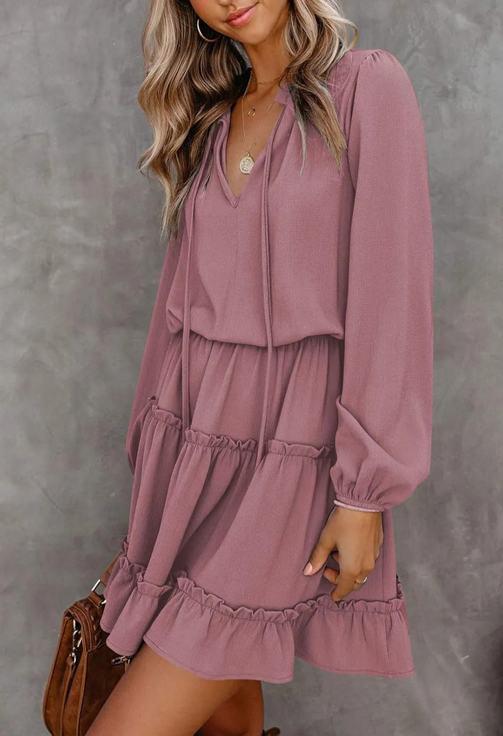 LaSuiveur Women's Lantern Casual Fall Dresses V Neck Tie Neck Long Sleeve High Waist Dot Ruffle Tiered Flowy Swing Mini Dress