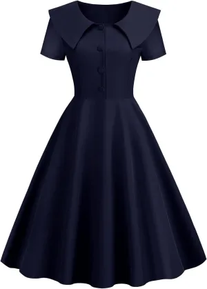 LAWOR Women's Puff Short Sleeve 1950s Dresses Polka Dot Print Tea Dresses V Neck Bowknot Rockabilly Dress Pleated Swing Dress