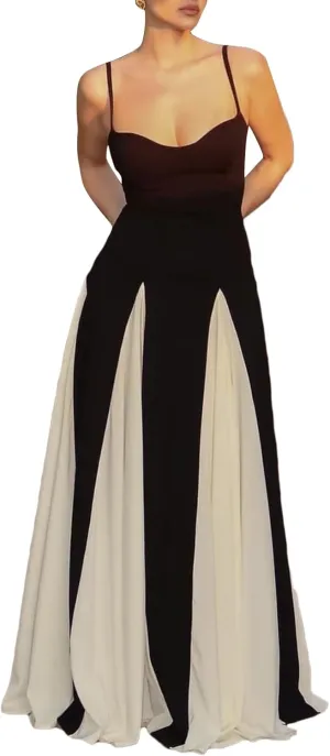 LETSVDO Women's Spaghetti Strap Color Block Dress Sleeveless Corset Patchwork Pleated Flowy Prom Party Maxi Dresses