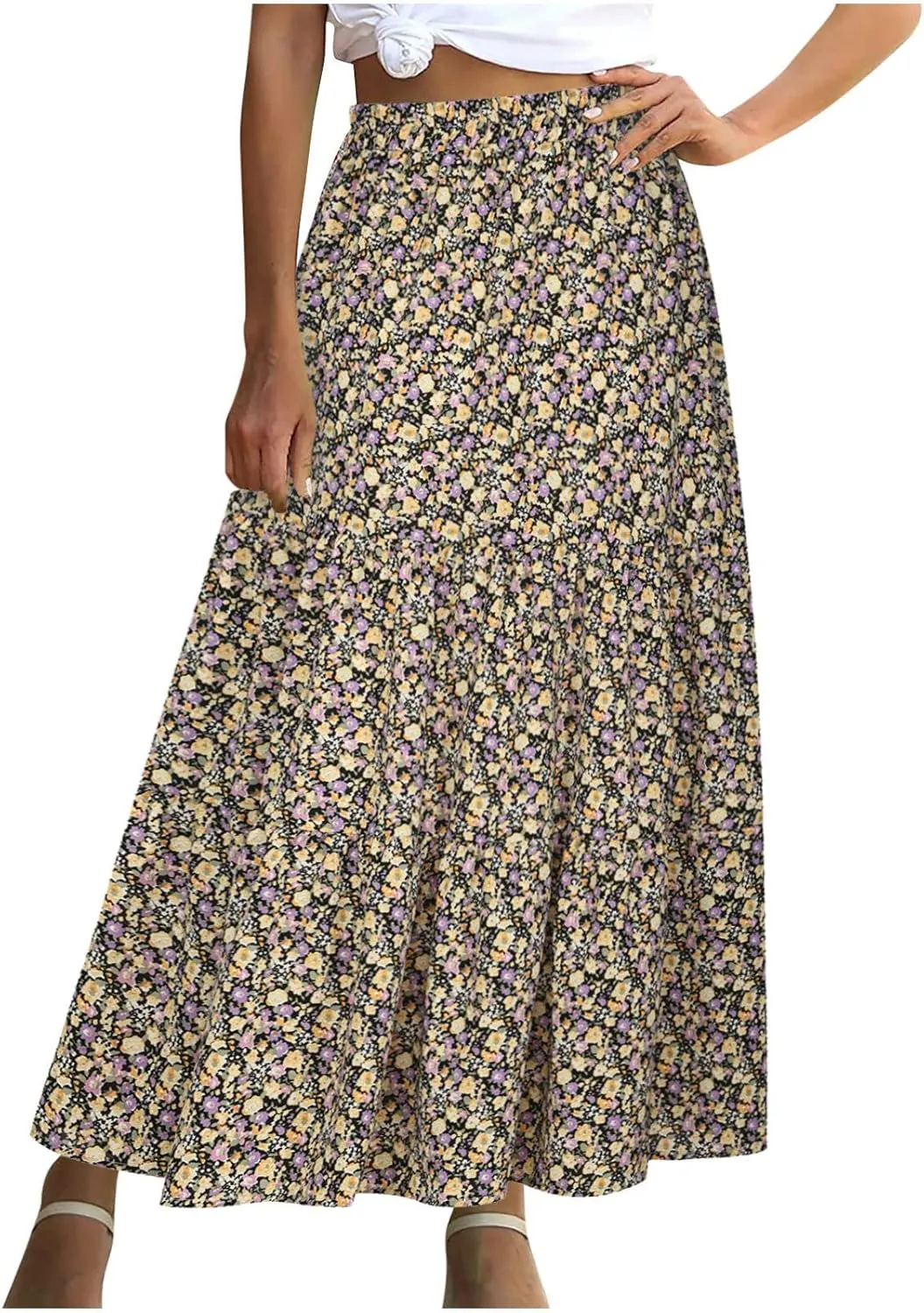 LFEOOST Long Skirts for Women Chiffon Summer Casual Pleated Elastic High Waisted Maxi Skirts Beach Floral Print Flowy Dress