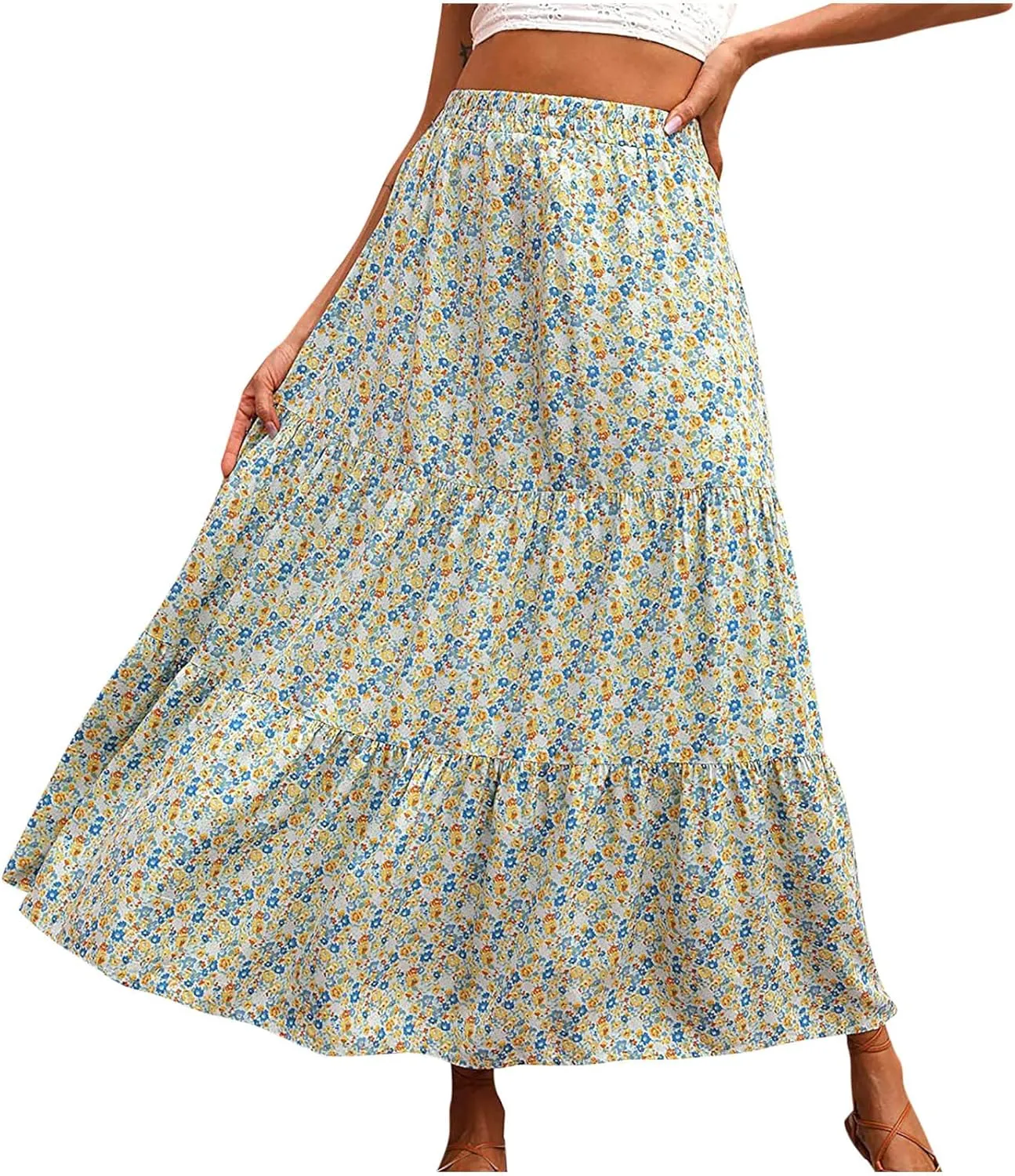 LFEOOST Long Skirts for Women Chiffon Summer Casual Pleated Elastic High Waisted Maxi Skirts Beach Floral Print Flowy Dress