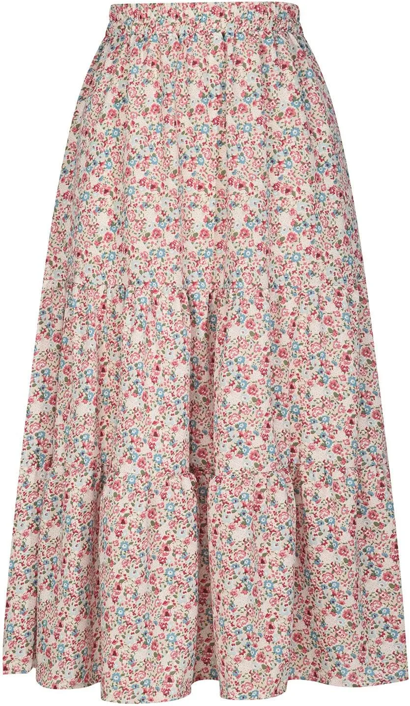 LFEOOST Long Skirts for Women Chiffon Summer Casual Pleated Elastic High Waisted Maxi Skirts Beach Floral Print Flowy Dress