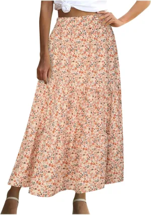 LFEOOST Long Skirts for Women Chiffon Summer Casual Pleated Elastic High Waisted Maxi Skirts Beach Floral Print Flowy Dress