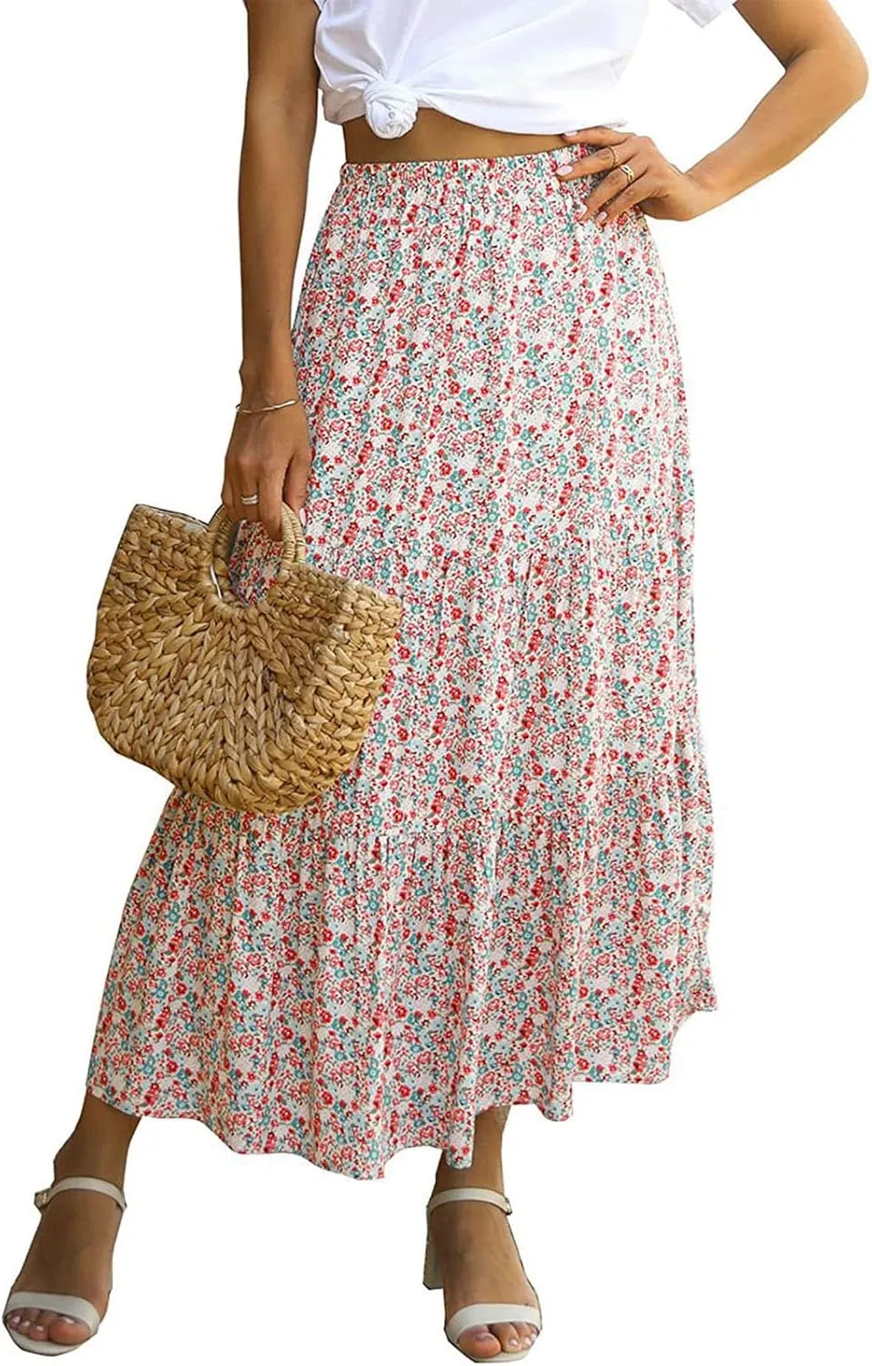 LFEOOST Long Skirts for Women Chiffon Summer Casual Pleated Elastic High Waisted Maxi Skirts Beach Floral Print Flowy Dress