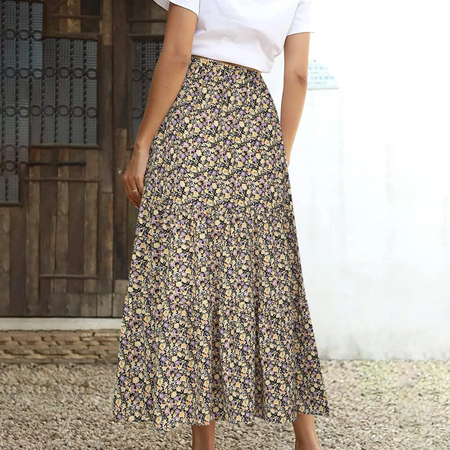 LFEOOST Long Skirts for Women Chiffon Summer Casual Pleated Elastic High Waisted Maxi Skirts Beach Floral Print Flowy Dress