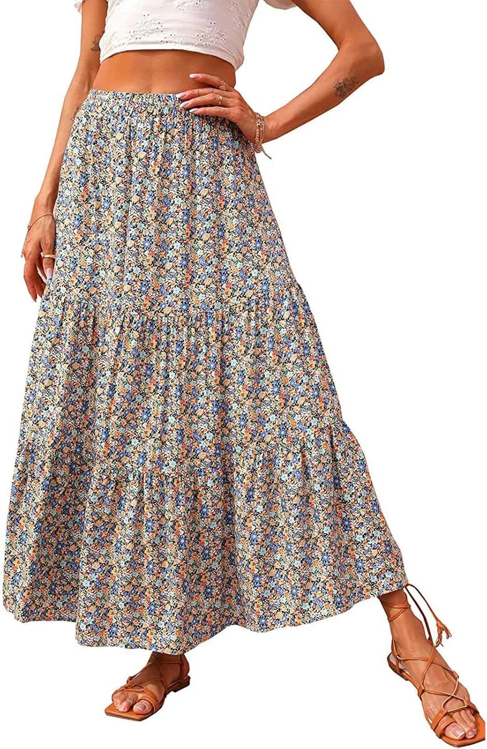 LFEOOST Long Skirts for Women Chiffon Summer Casual Pleated Elastic High Waisted Maxi Skirts Beach Floral Print Flowy Dress