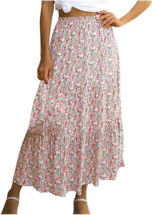 LFEOOST Long Skirts for Women Chiffon Summer Casual Pleated Elastic High Waisted Maxi Skirts Beach Floral Print Flowy Dress