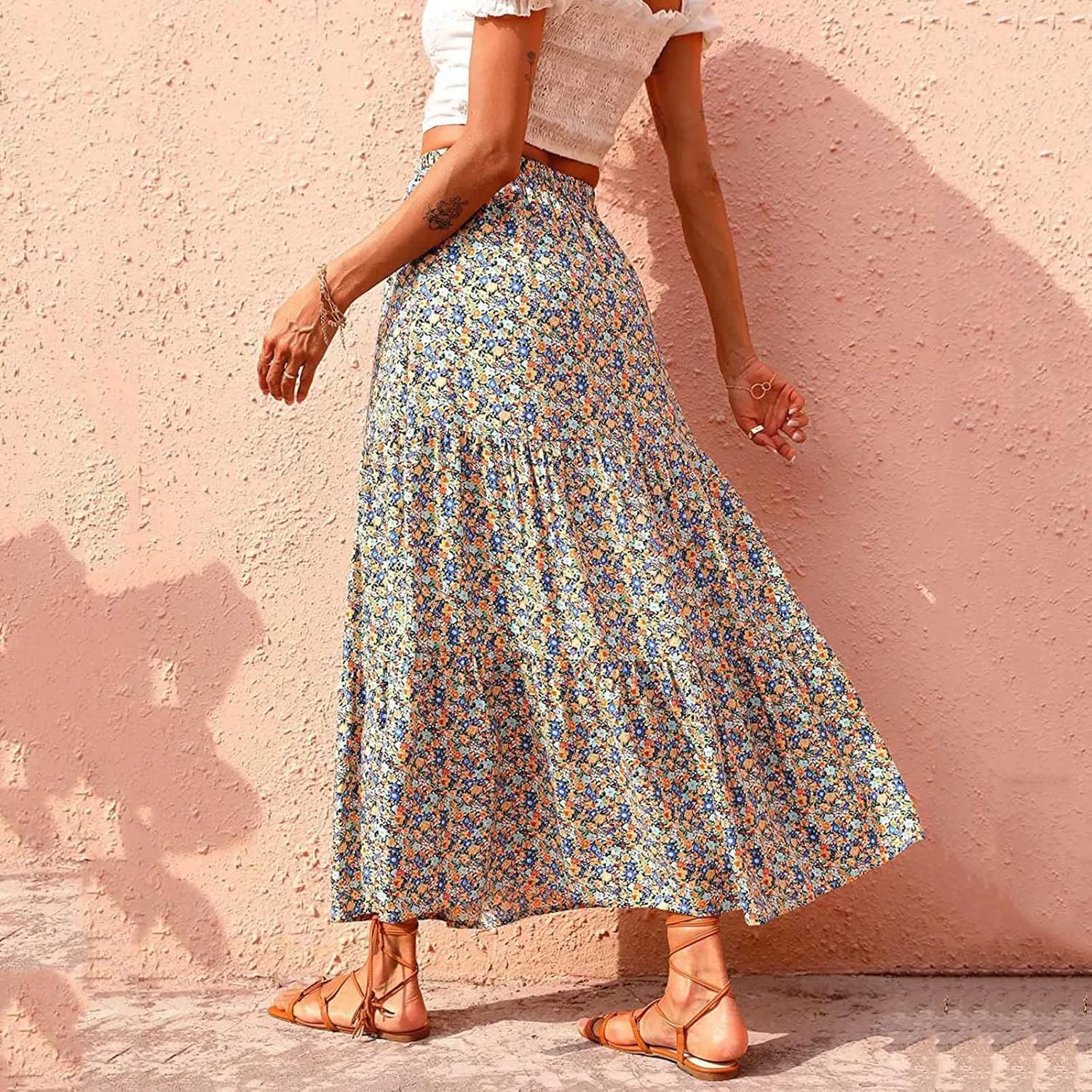 LFEOOST Long Skirts for Women Chiffon Summer Casual Pleated Elastic High Waisted Maxi Skirts Beach Floral Print Flowy Dress