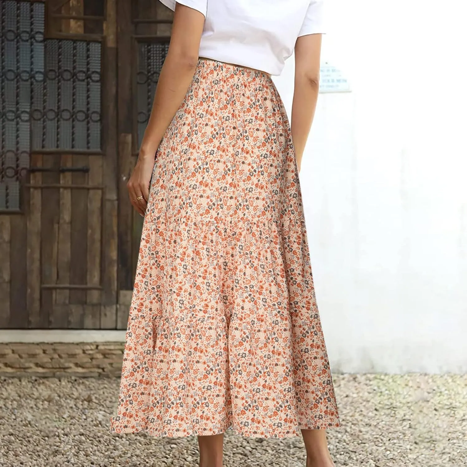 LFEOOST Long Skirts for Women Chiffon Summer Casual Pleated Elastic High Waisted Maxi Skirts Beach Floral Print Flowy Dress