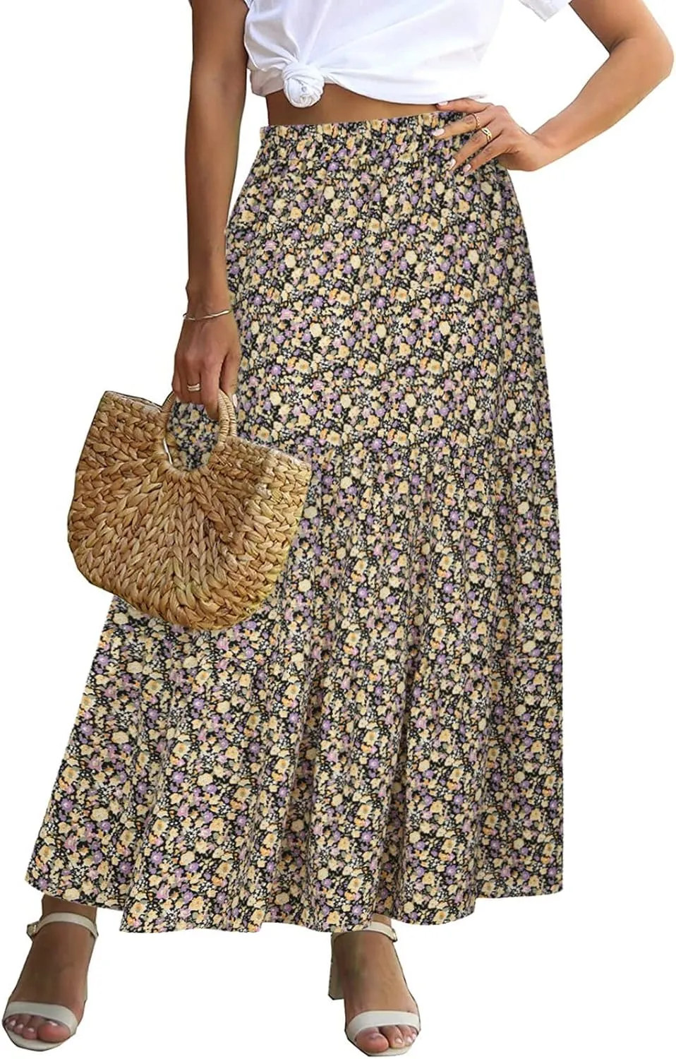 LFEOOST Long Skirts for Women Chiffon Summer Casual Pleated Elastic High Waisted Maxi Skirts Beach Floral Print Flowy Dress