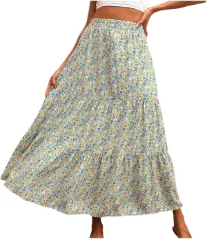 LFEOOST Long Skirts for Women Chiffon Summer Casual Pleated Elastic High Waisted Maxi Skirts Beach Floral Print Flowy Dress
