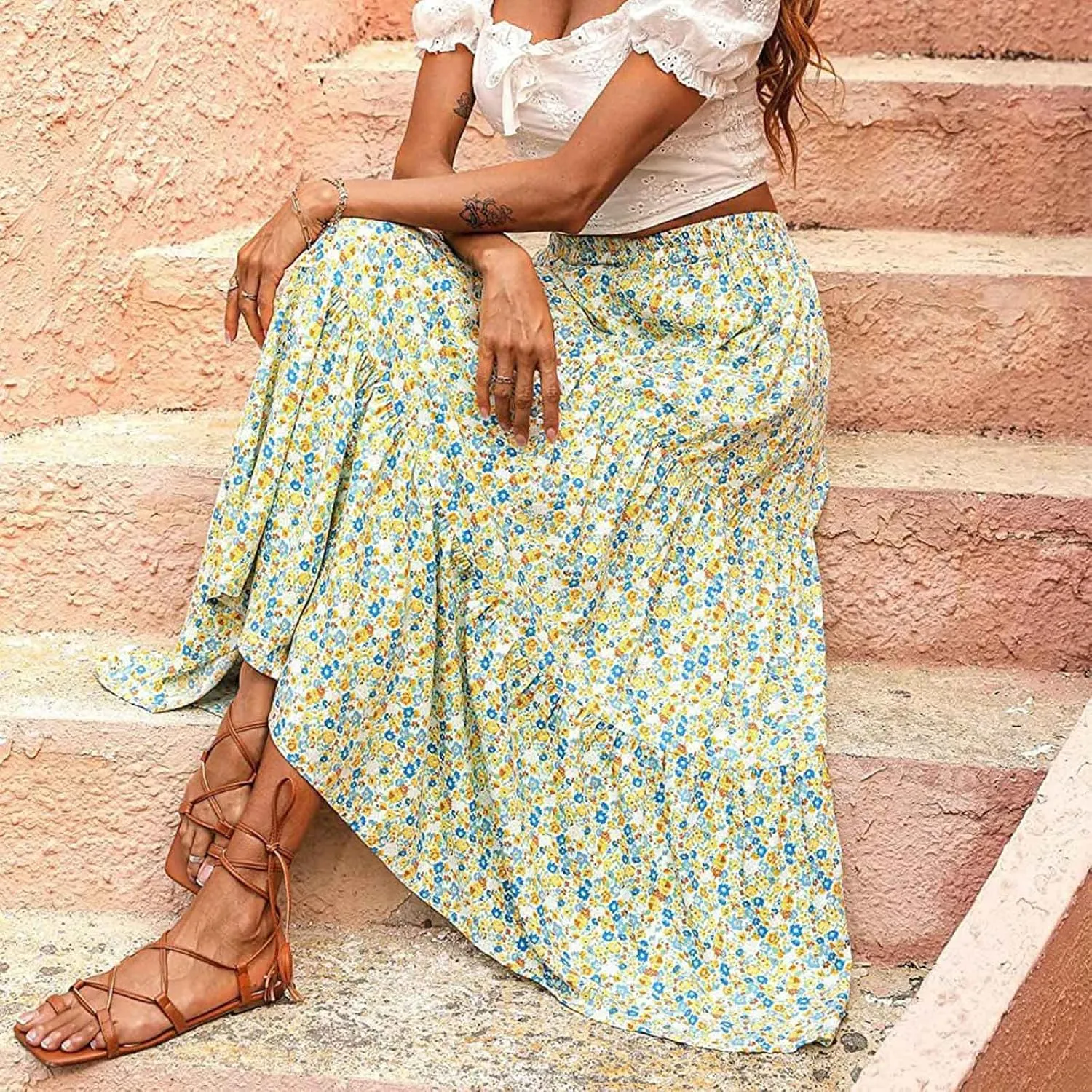 LFEOOST Long Skirts for Women Chiffon Summer Casual Pleated Elastic High Waisted Maxi Skirts Beach Floral Print Flowy Dress
