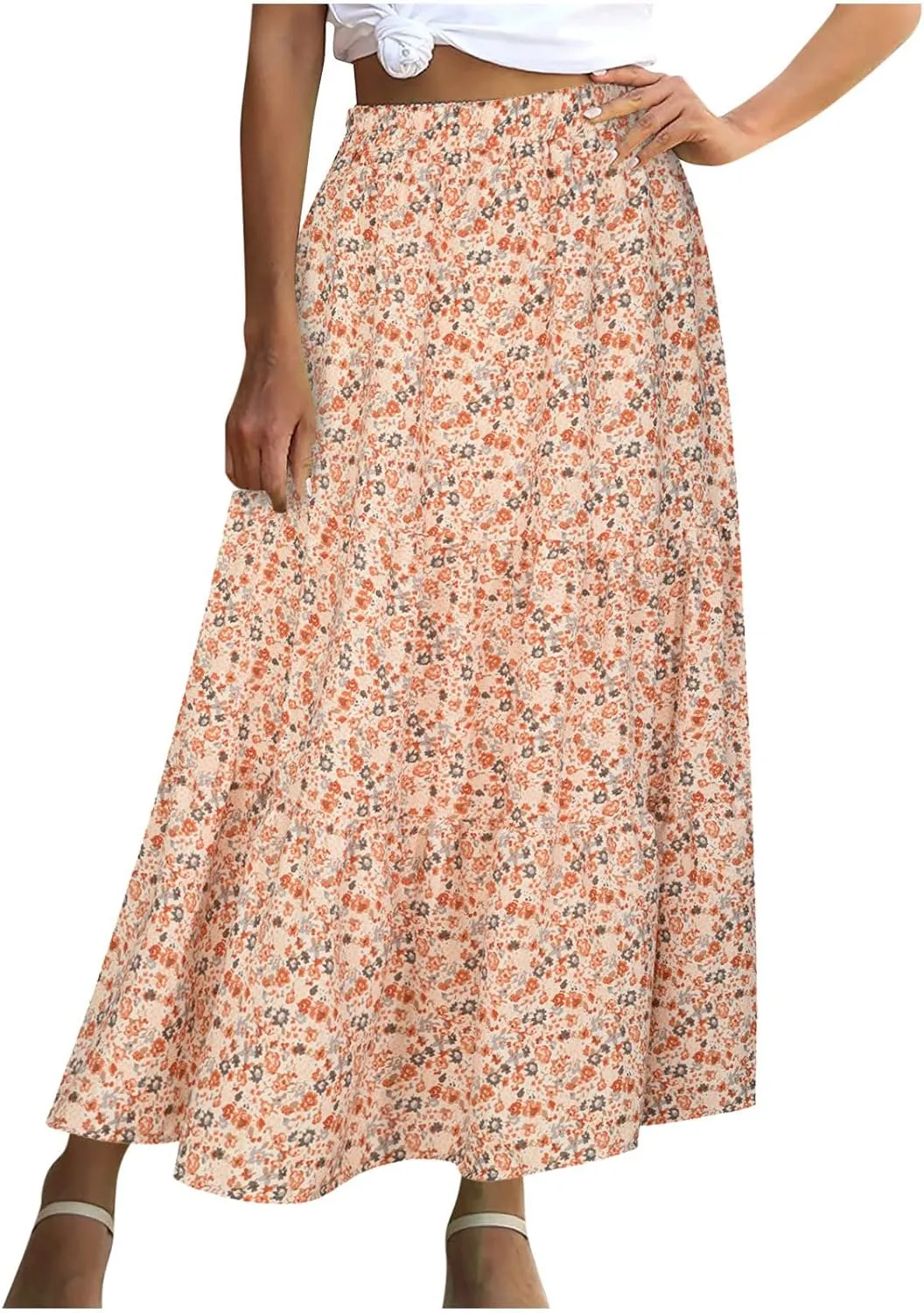LFEOOST Long Skirts for Women Chiffon Summer Casual Pleated Elastic High Waisted Maxi Skirts Beach Floral Print Flowy Dress