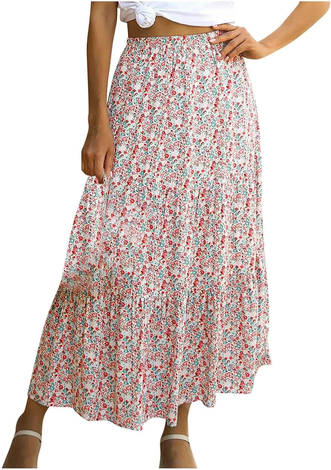 LFEOOST Long Skirts for Women Chiffon Summer Casual Pleated Elastic High Waisted Maxi Skirts Beach Floral Print Flowy Dress