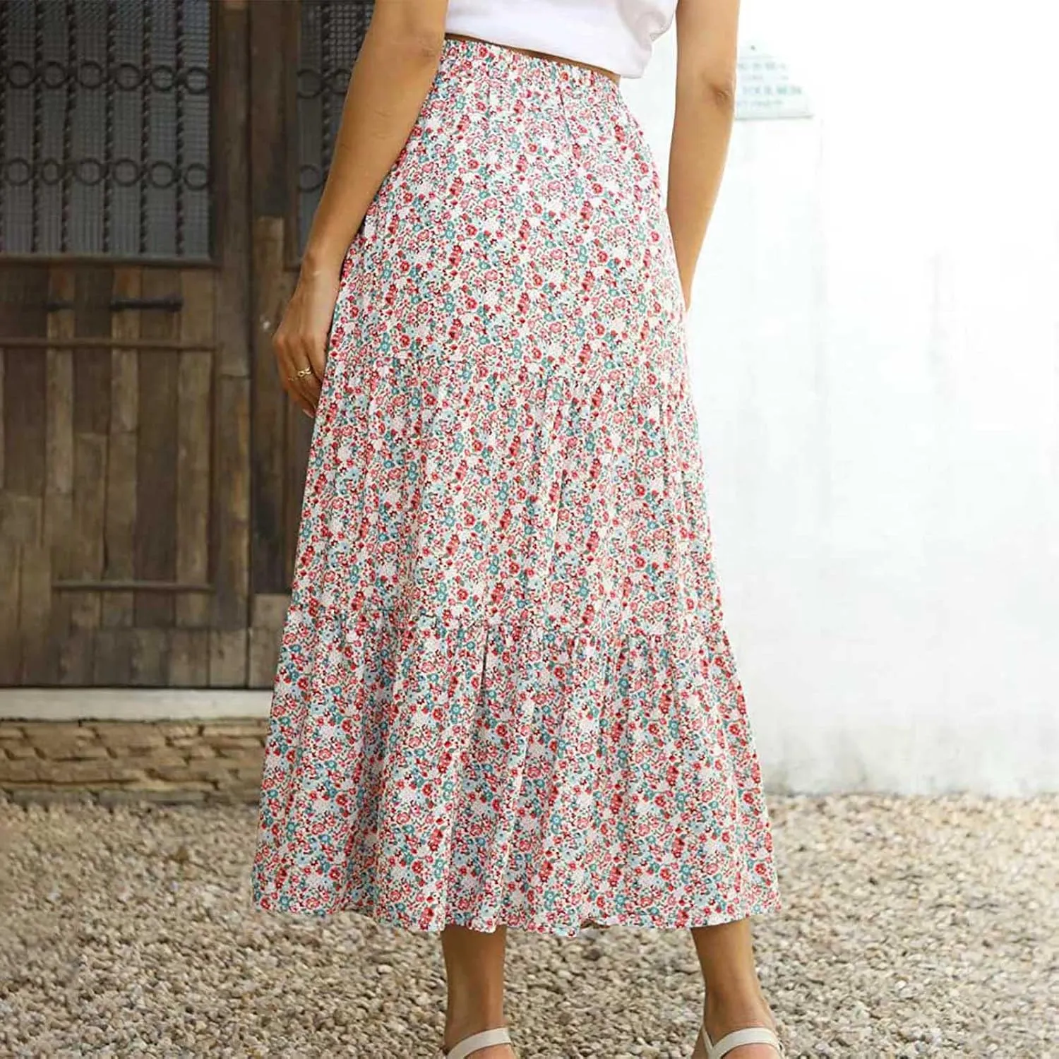 LFEOOST Long Skirts for Women Chiffon Summer Casual Pleated Elastic High Waisted Maxi Skirts Beach Floral Print Flowy Dress