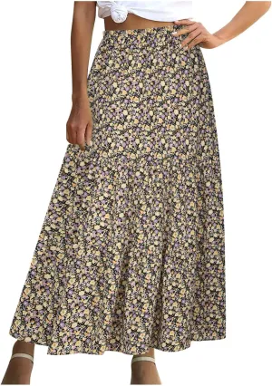 LFEOOST Long Skirts for Women Chiffon Summer Casual Pleated Elastic High Waisted Maxi Skirts Beach Floral Print Flowy Dress