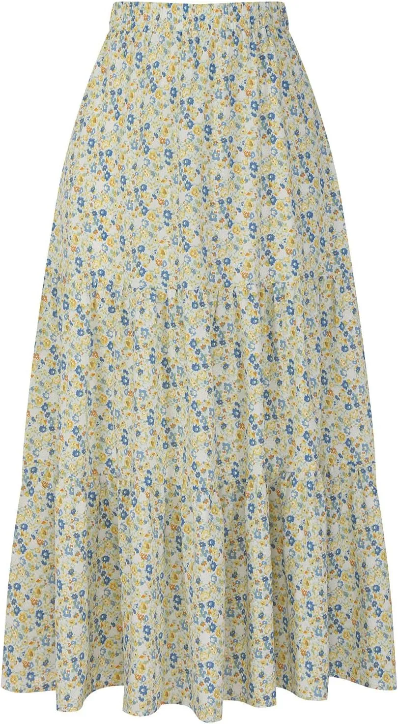 LFEOOST Long Skirts for Women Chiffon Summer Casual Pleated Elastic High Waisted Maxi Skirts Beach Floral Print Flowy Dress
