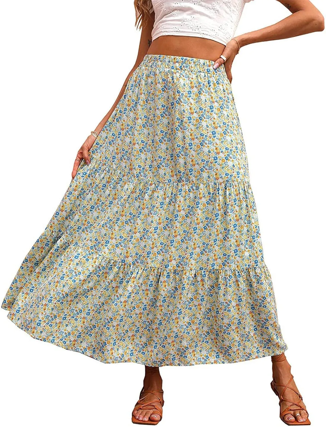 LFEOOST Long Skirts for Women Chiffon Summer Casual Pleated Elastic High Waisted Maxi Skirts Beach Floral Print Flowy Dress