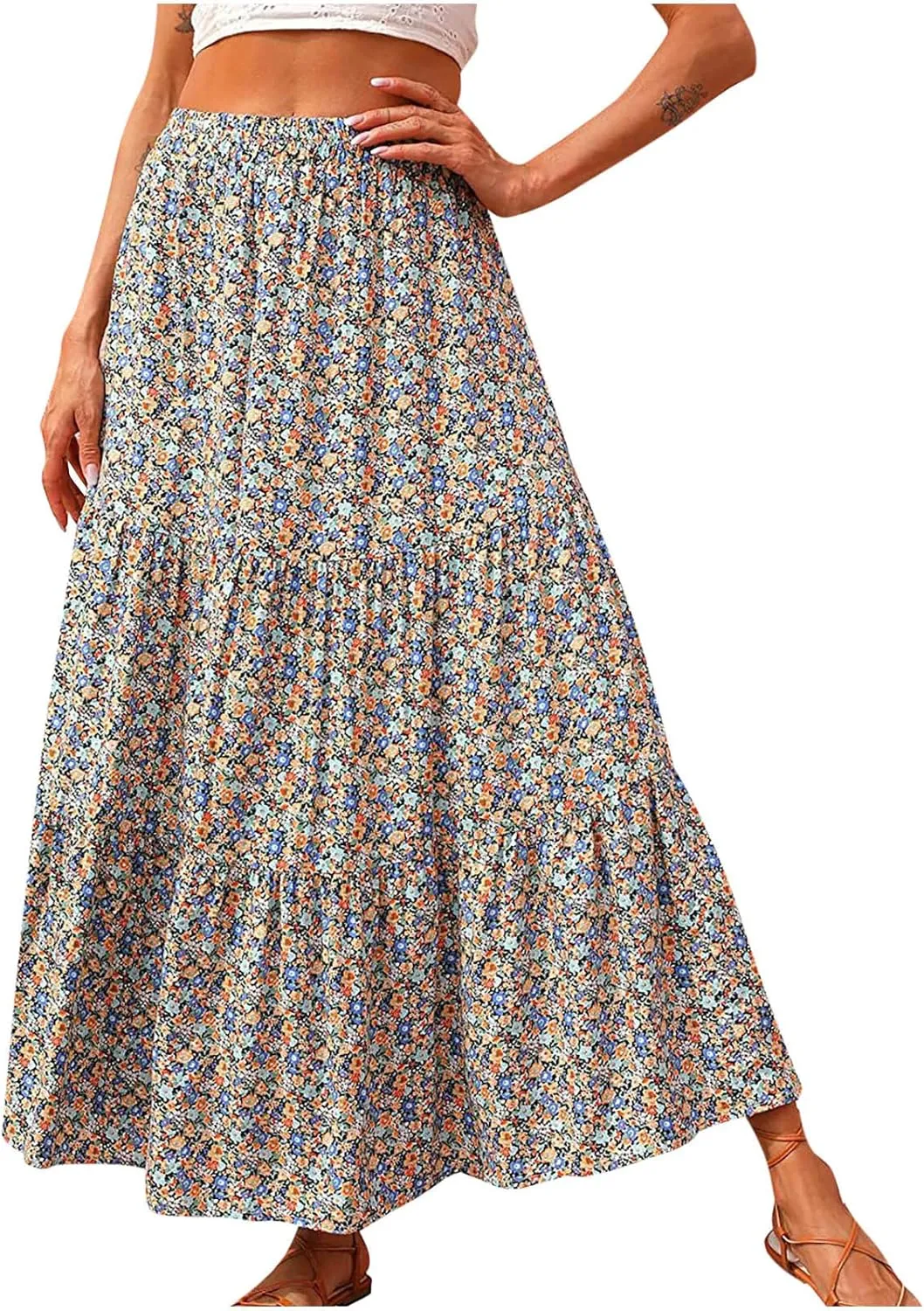 LFEOOST Long Skirts for Women Chiffon Summer Casual Pleated Elastic High Waisted Maxi Skirts Beach Floral Print Flowy Dress