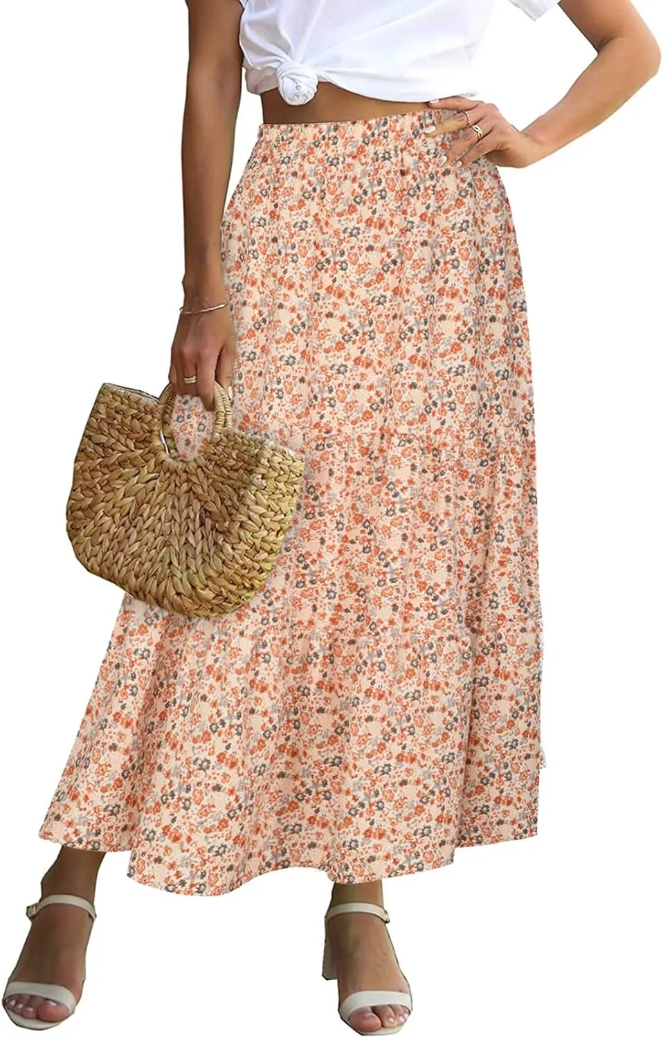 LFEOOST Long Skirts for Women Chiffon Summer Casual Pleated Elastic High Waisted Maxi Skirts Beach Floral Print Flowy Dress