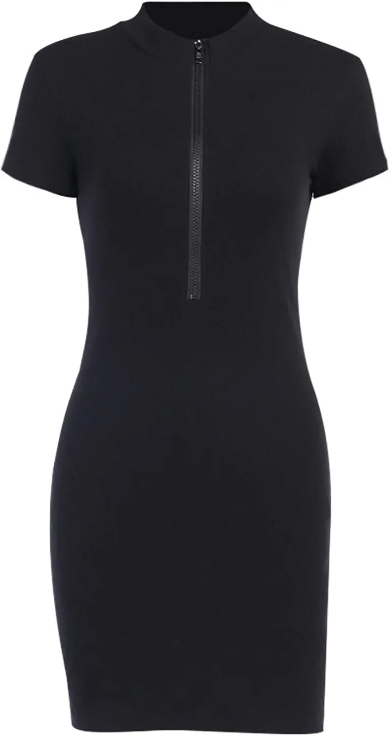 LFEOOST Women's Ribbed Knit Bodycon Dress Sexy Zip Front V Neck Short Sleeve Pencil Skirt Stretchy Comfy Club Mini Dresses