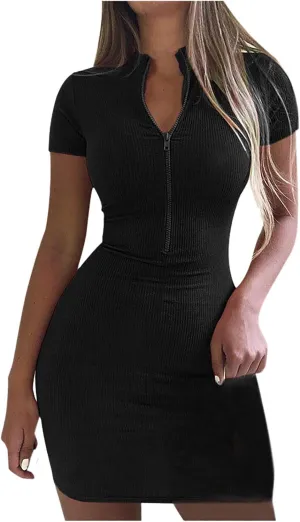 LFEOOST Women's Ribbed Knit Bodycon Dress Sexy Zip Front V Neck Short Sleeve Pencil Skirt Stretchy Comfy Club Mini Dresses