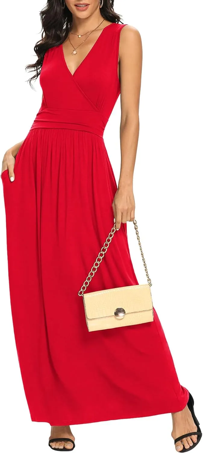 LILBETTER Women Sleeveless Deep V Neck Loose Plain Long Maxi Casual Dress