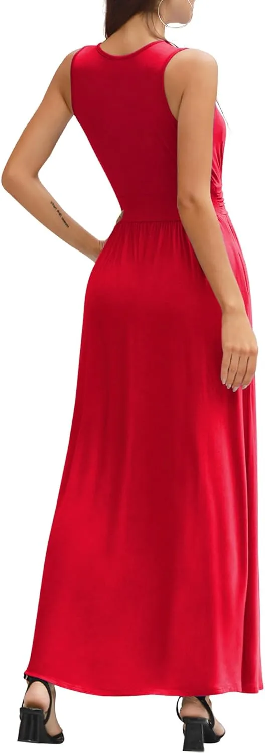 LILBETTER Women Sleeveless Deep V Neck Loose Plain Long Maxi Casual Dress