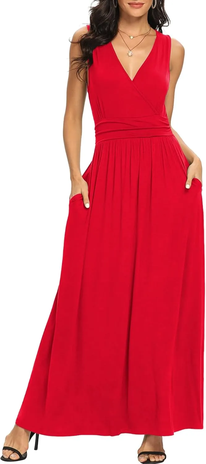 LILBETTER Women Sleeveless Deep V Neck Loose Plain Long Maxi Casual Dress