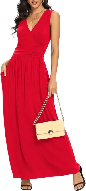 LILBETTER Women Sleeveless Deep V Neck Loose Plain Long Maxi Casual Dress