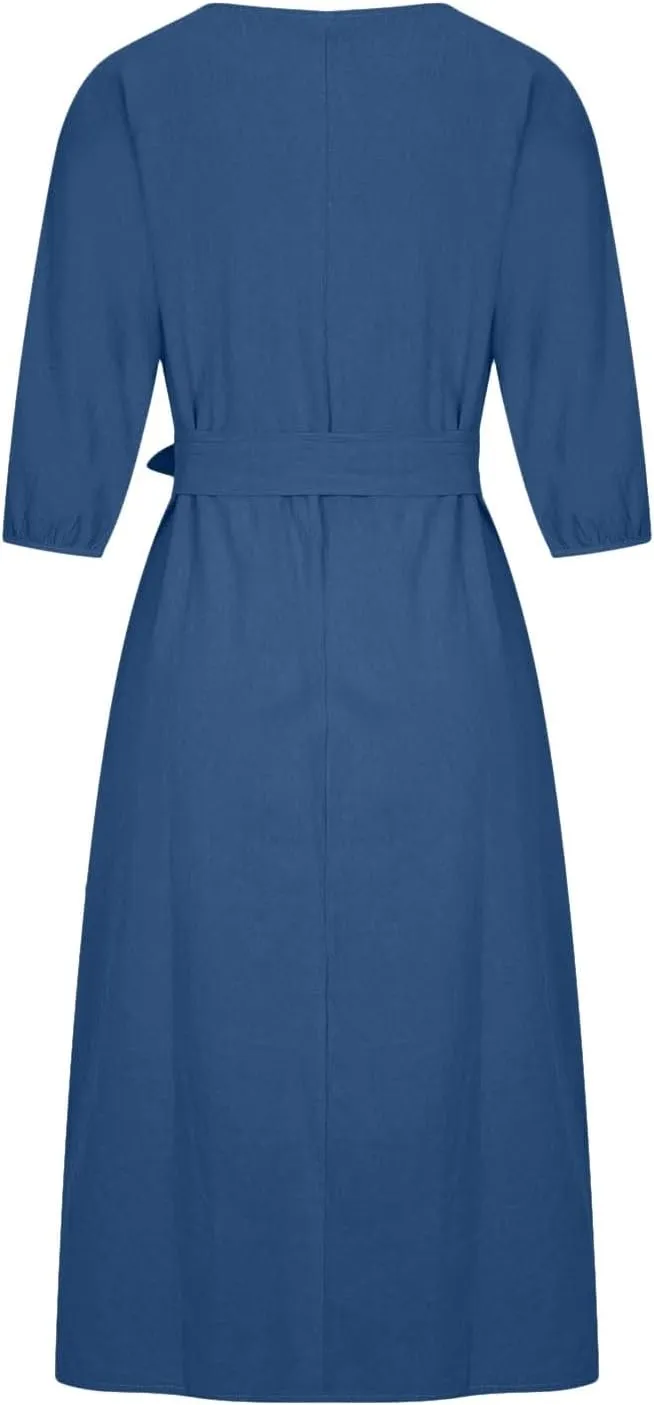 Linen Dress for Women A Line Loose Fit Midi Dresses Short Sleeve Tie Waist Summer Dress Business Casual Dresses