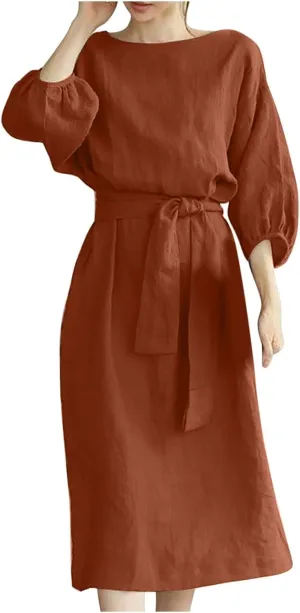 Linen Dress for Women A Line Loose Fit Midi Dresses Short Sleeve Tie Waist Summer Dress Business Casual Dresses