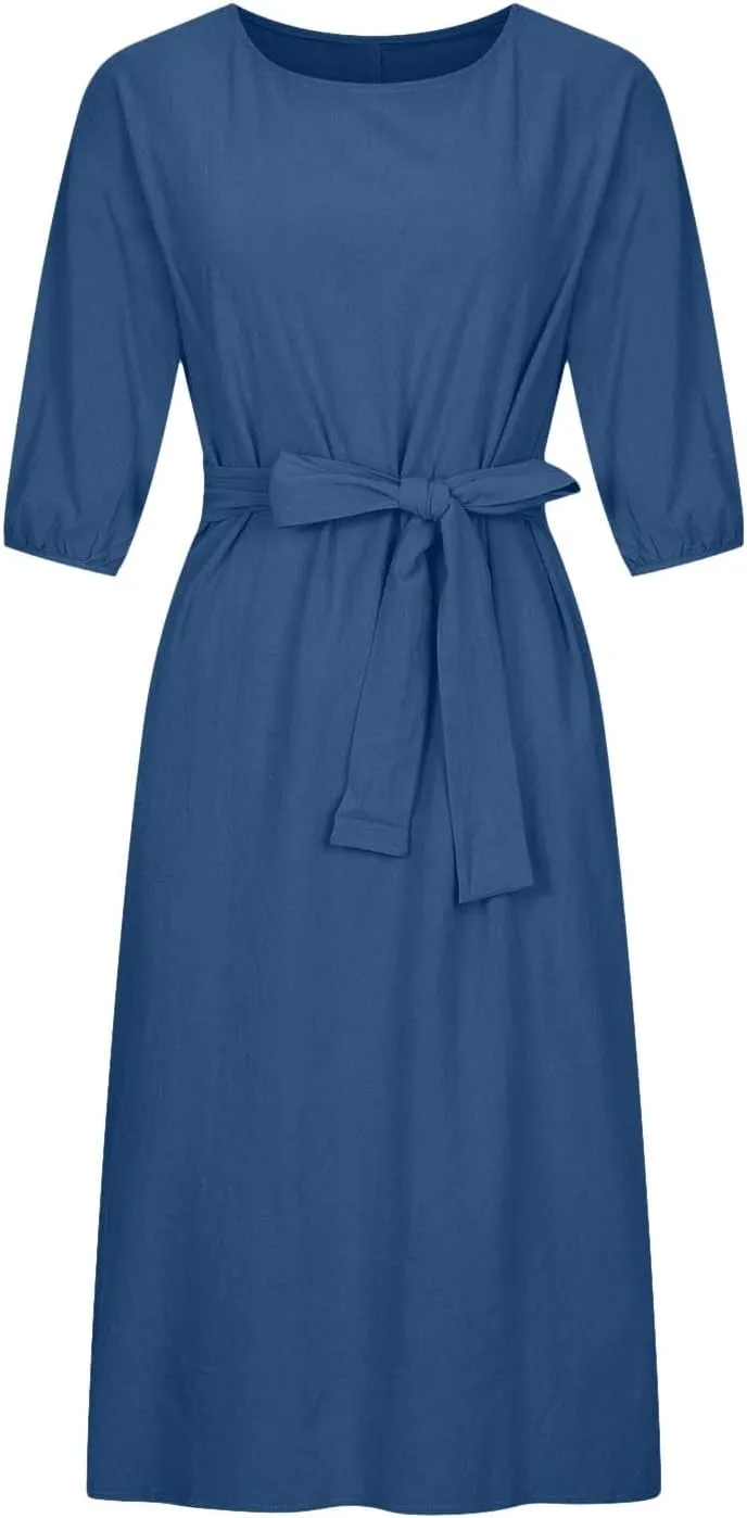 Linen Dress for Women A Line Loose Fit Midi Dresses Short Sleeve Tie Waist Summer Dress Business Casual Dresses