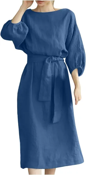Linen Dress for Women A Line Loose Fit Midi Dresses Short Sleeve Tie Waist Summer Dress Business Casual Dresses