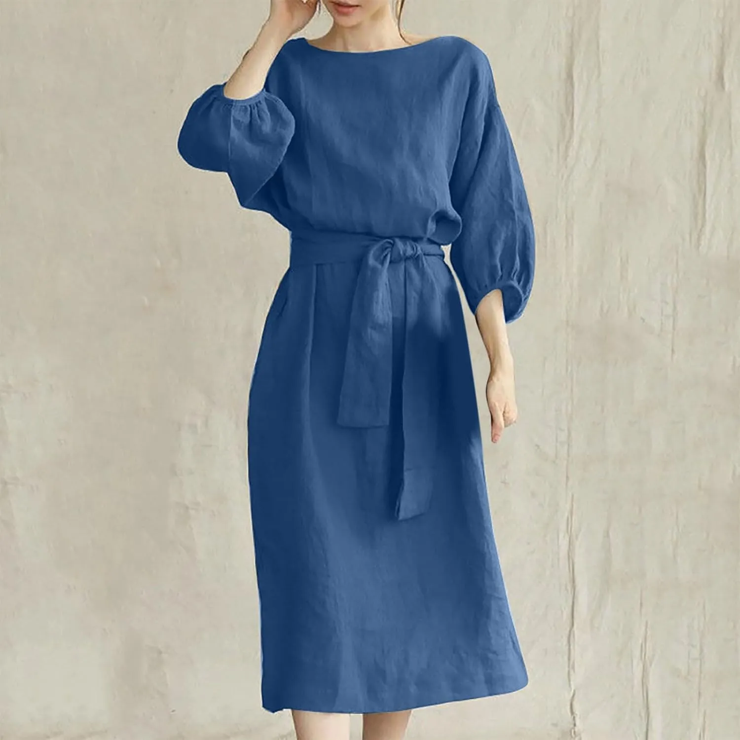 Linen Dress for Women A Line Loose Fit Midi Dresses Short Sleeve Tie Waist Summer Dress Business Casual Dresses