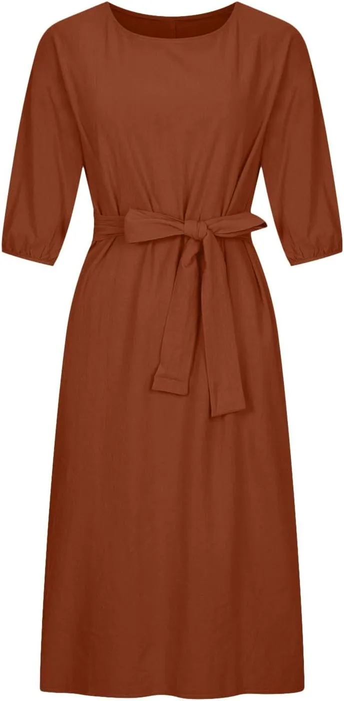 Linen Dress for Women A Line Loose Fit Midi Dresses Short Sleeve Tie Waist Summer Dress Business Casual Dresses