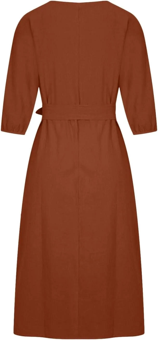 Linen Dress for Women A Line Loose Fit Midi Dresses Short Sleeve Tie Waist Summer Dress Business Casual Dresses