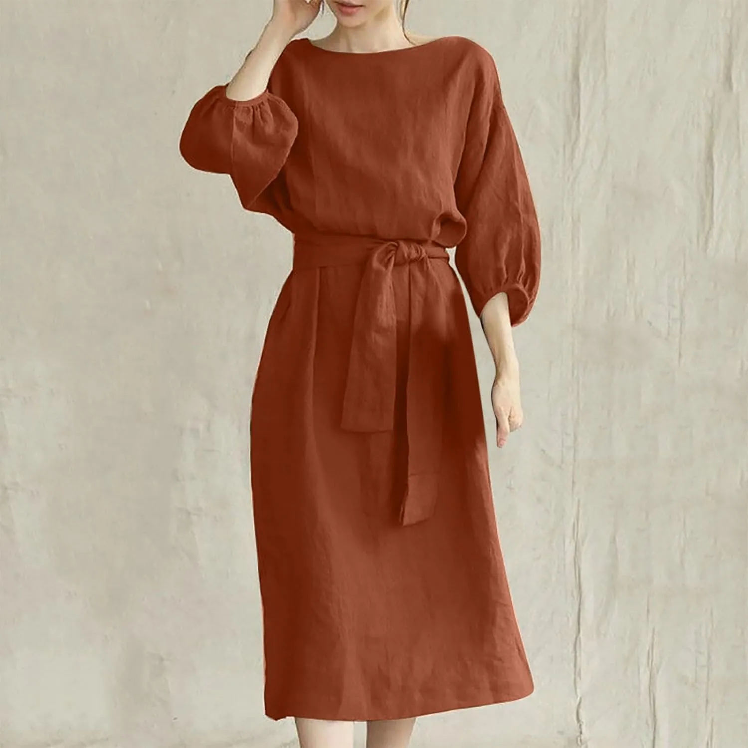 Linen Dress for Women A Line Loose Fit Midi Dresses Short Sleeve Tie Waist Summer Dress Business Casual Dresses