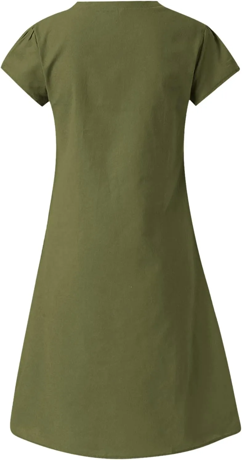 Linen Dress for Women Summer V Neck Cap Sleeve Sundress Beach Vacation Soft Plus Size Casual Mini Dresses 2025