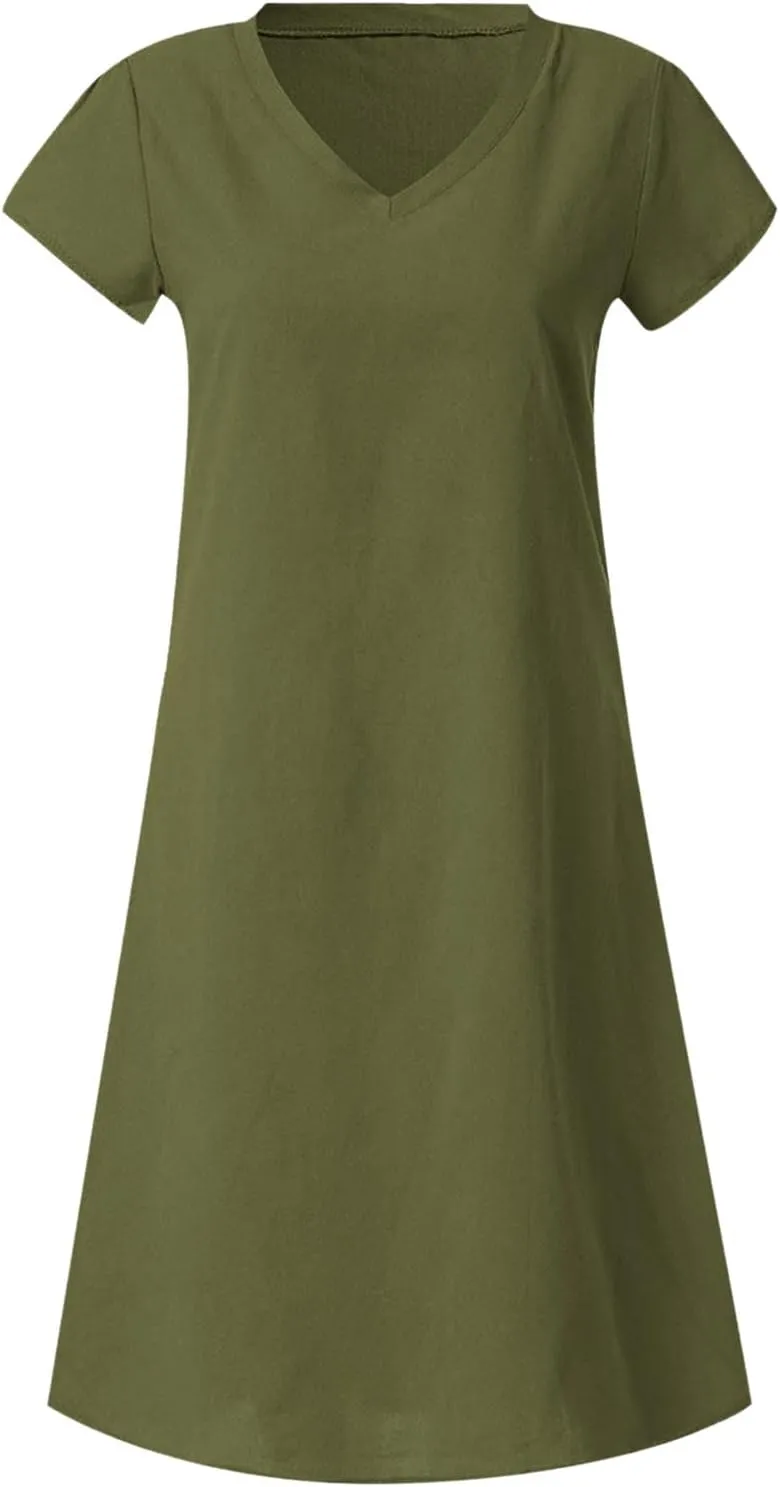 Linen Dress for Women Summer V Neck Cap Sleeve Sundress Beach Vacation Soft Plus Size Casual Mini Dresses 2025