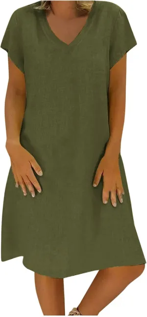Linen Dress for Women Summer V Neck Cap Sleeve Sundress Beach Vacation Soft Plus Size Casual Mini Dresses 2025