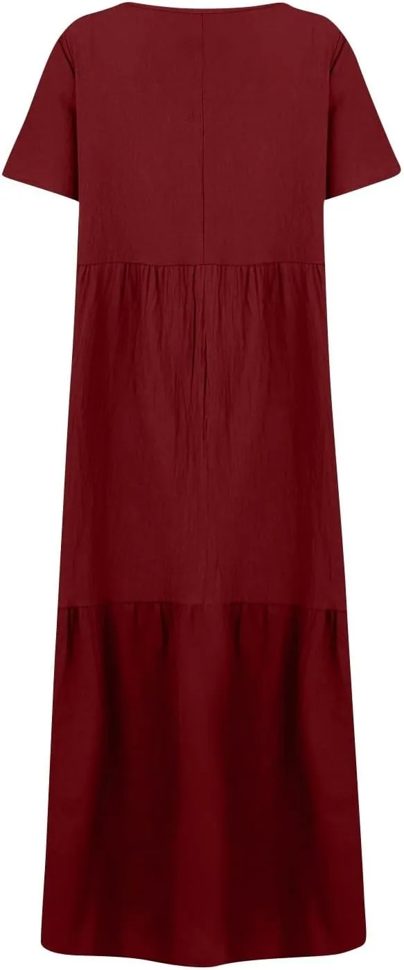 Linen Dress Women Summer Short Sleeve Tiered Maxi Plus Size Dresses Flowy Tshirt V Neck Beach Empire Waist Dress